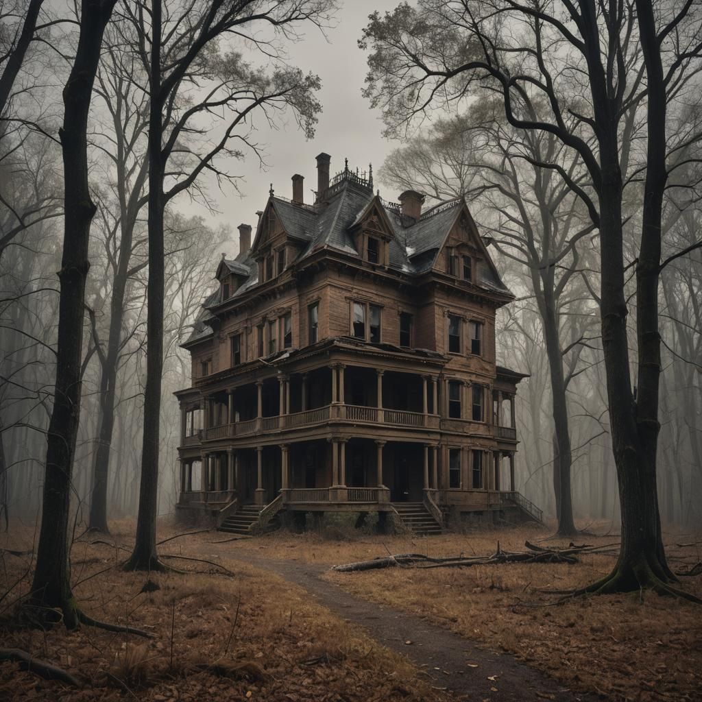 Ominous Abandoned Mansion in Woods Illustration