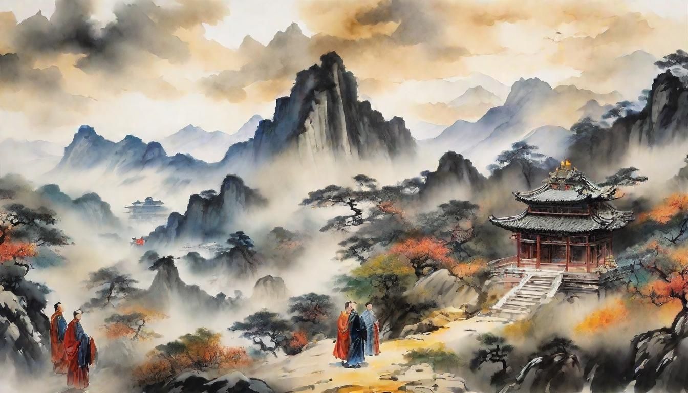 Emperor Visits Mountains: Chinese Ink Gouache Painting