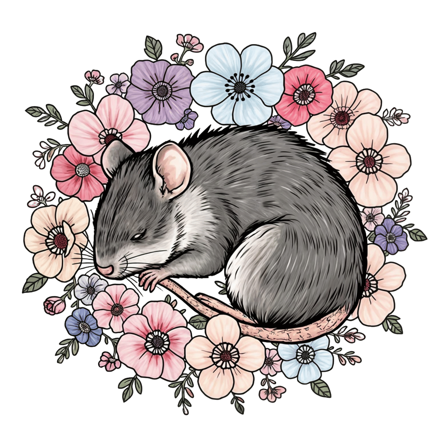 Sleeping Rat with Flowers in Neotraditional Style