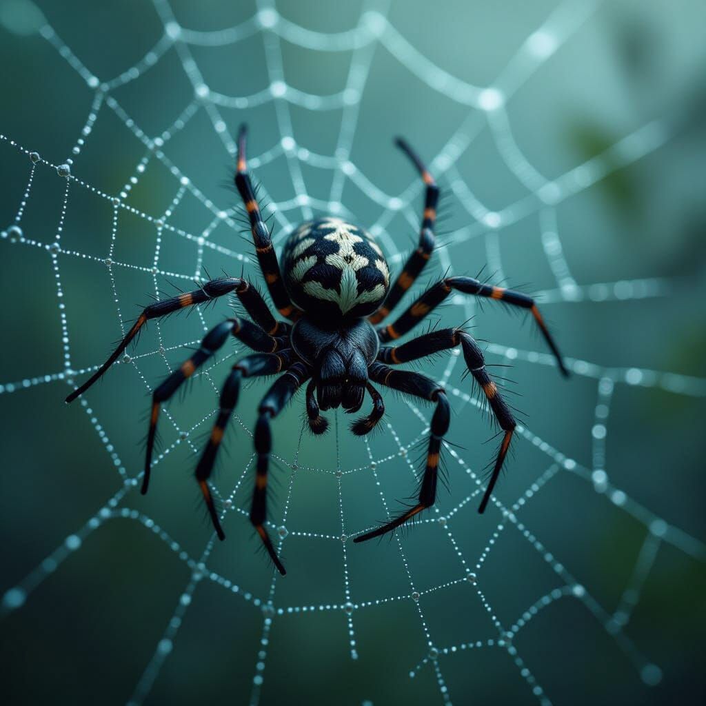 Spider on Dew-Kissed Web in Gothic Dreamscape Style