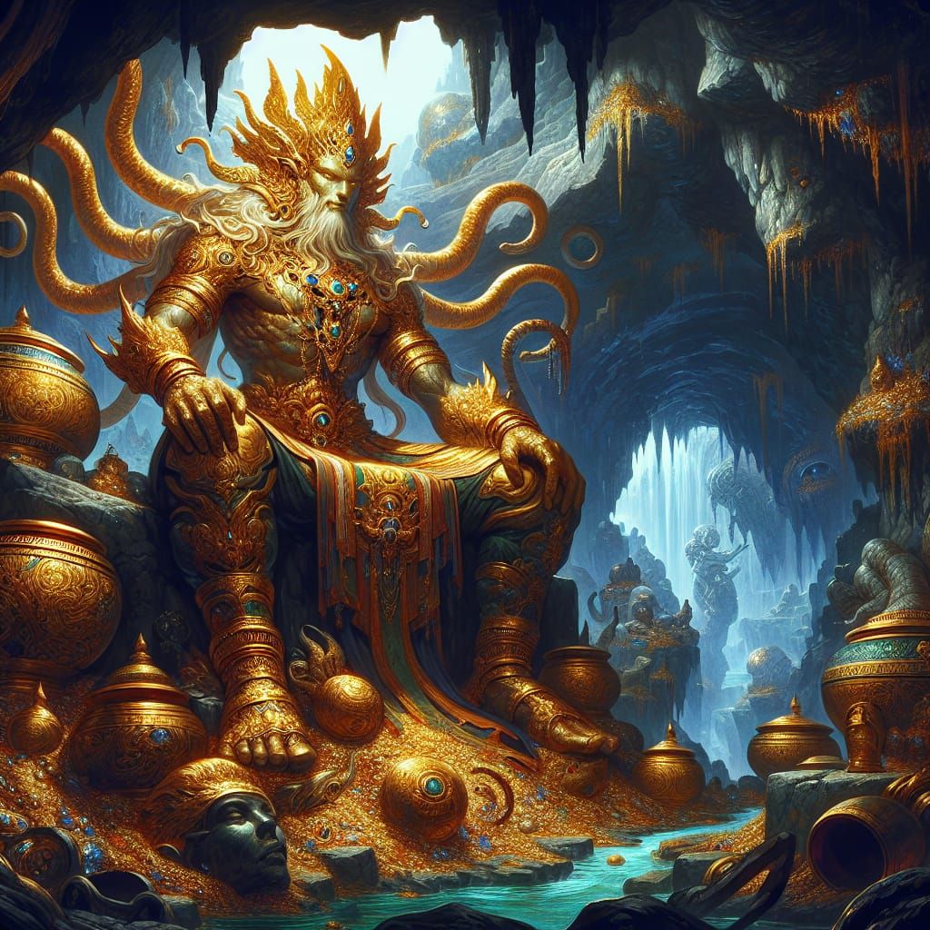 Gilded Cave Lord Guards Treasure: Fantasy Matte Painting