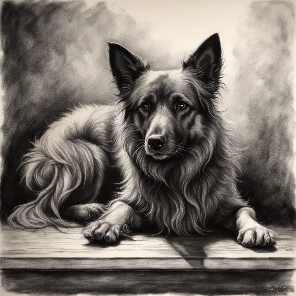 Moody Charcoal Portrait of a Dog in Dramatic Lighting