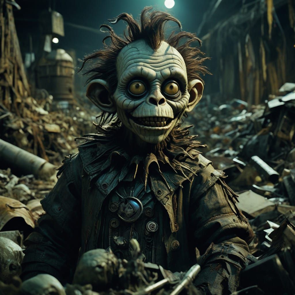 Creepy Zombie Monkey Monster Clowns Play in a Desolate Landf...