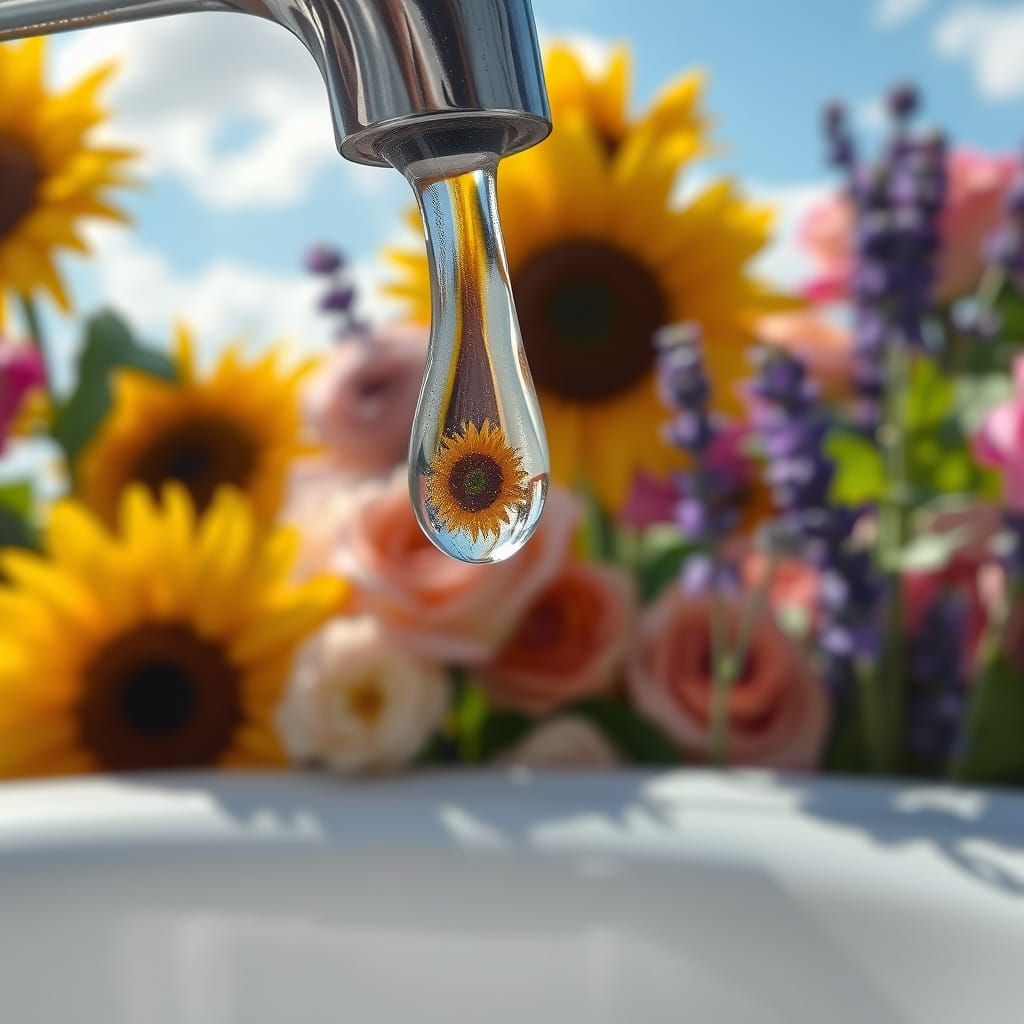 Refracting Light: Water Droplet Reflecting Floral Garden