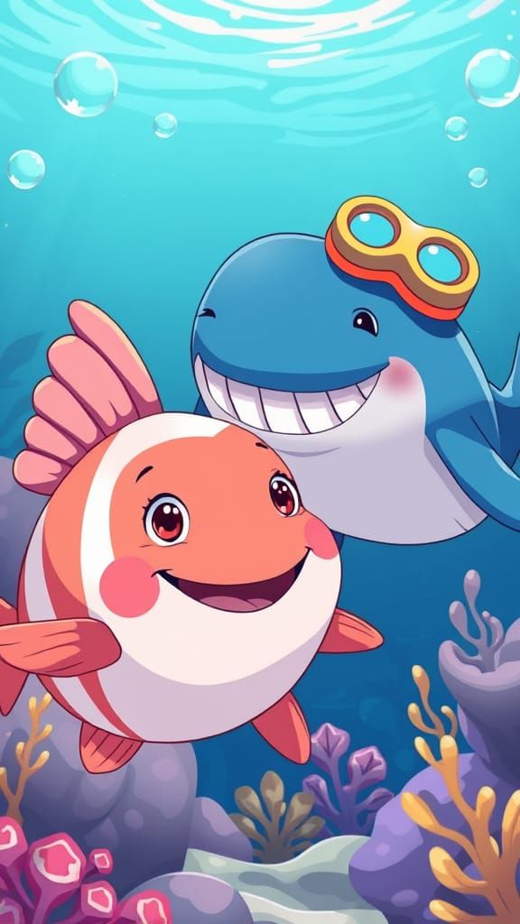 Cheerful Whale and Fish Explorers in Cel-Shaded Anime Style