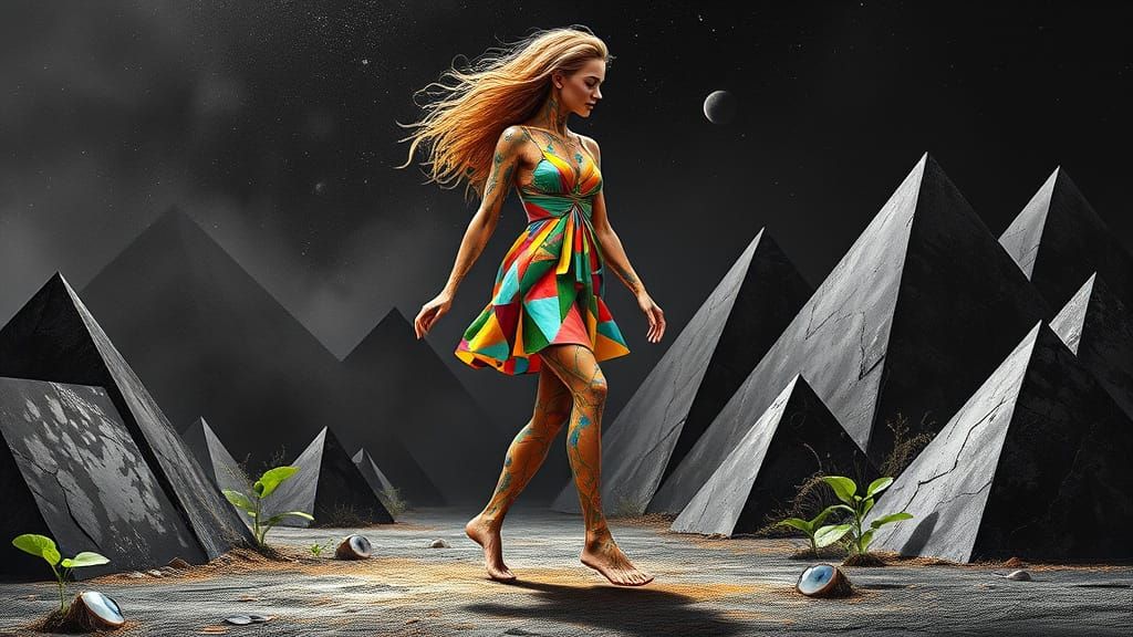 Ethereal Surrealist Woman Embracing Nature in Vibrant Hyper-...