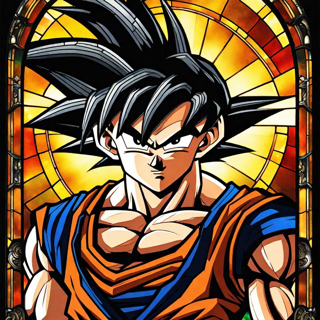 Stained Glass Son Goku in Dark Fantasy Style