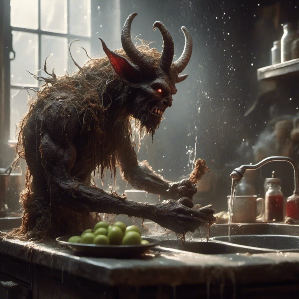 Humorous Demon Doing Dishes