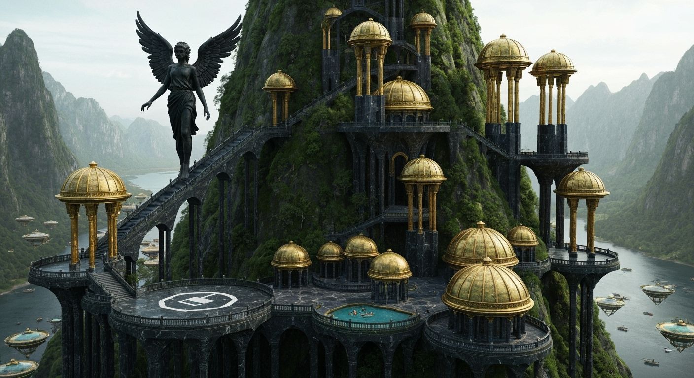 Black Marble Temple City on Mountain with Angel Statue