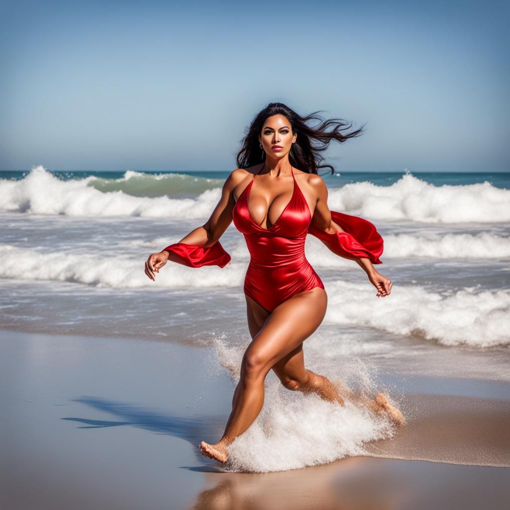 Woman in Red Bikini Running on Beach