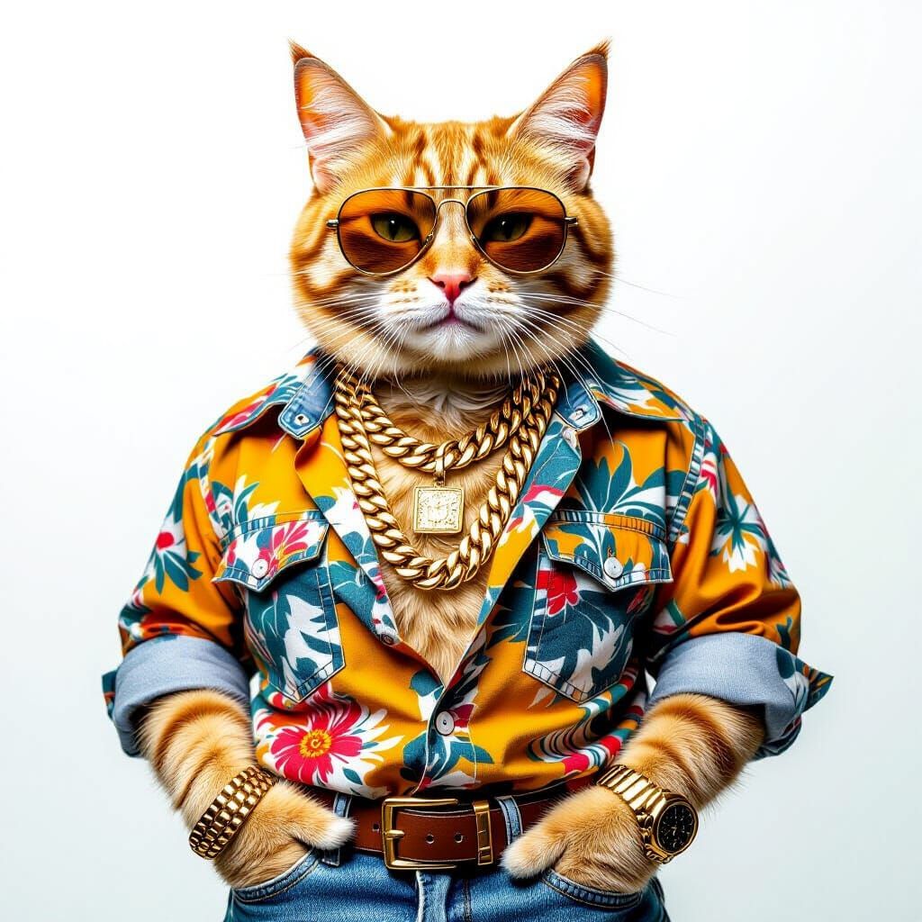 Cool Ginger Cat in Mexican Shirt & Jeans