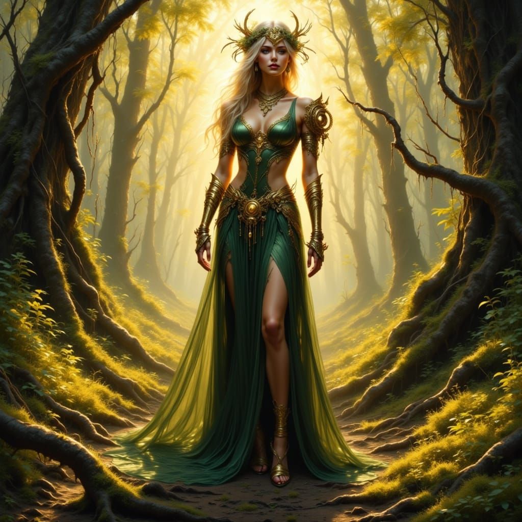 Elven Woman with Clockwork Arm in Sun-Dappled Forest