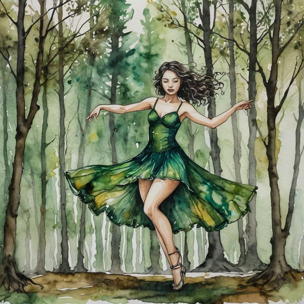 Alcohol Ink Woman Dancing in Forest