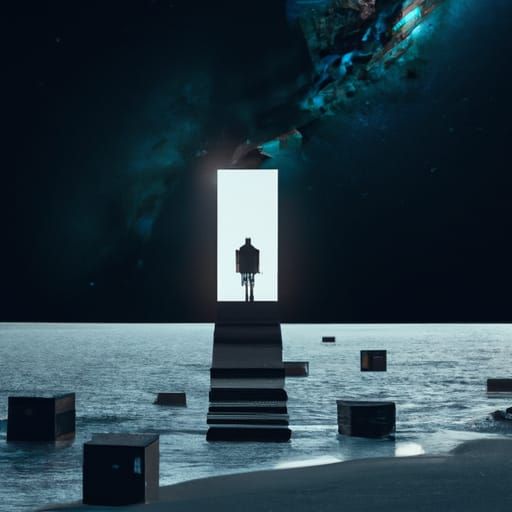 Man Walks to Door with Cube in Starry Night