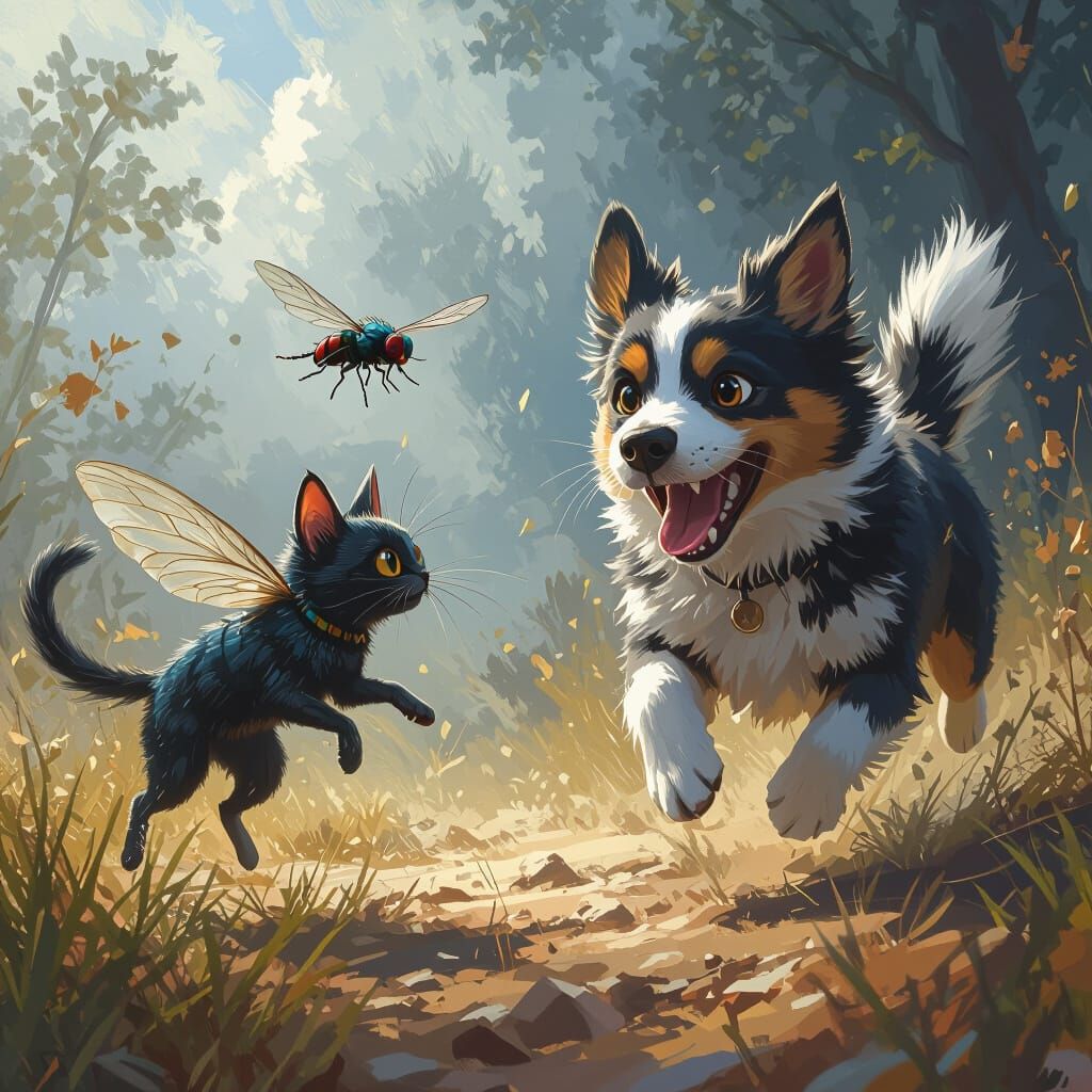 Whimsical Cat and Dog Chase Scene