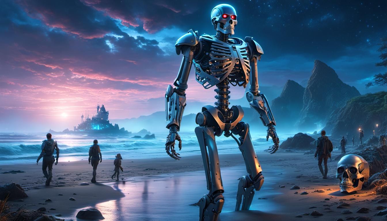 Hyperrealistic Cyborg on Bone Shore at Night