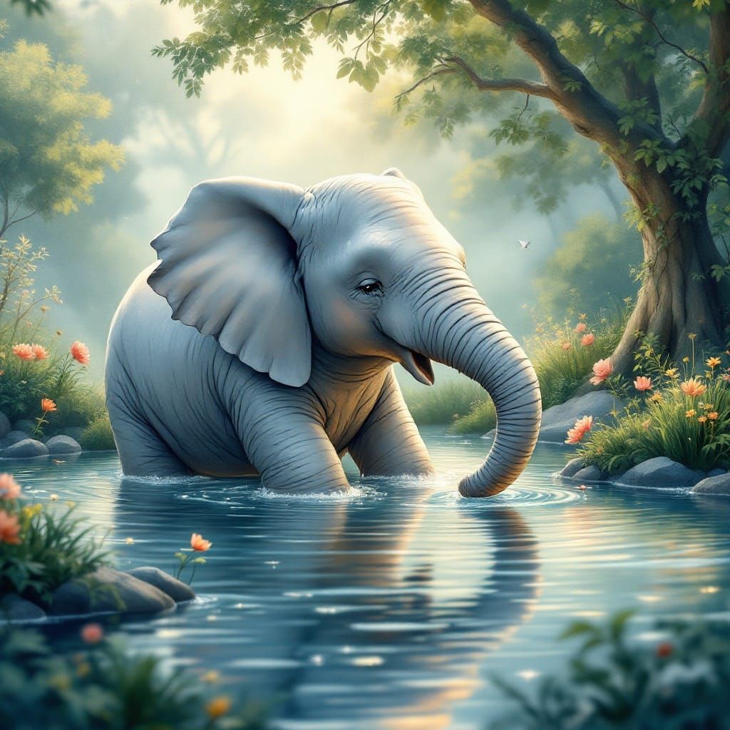 Gentle Elephant Splashing: Watercolor Children's Storybook A...