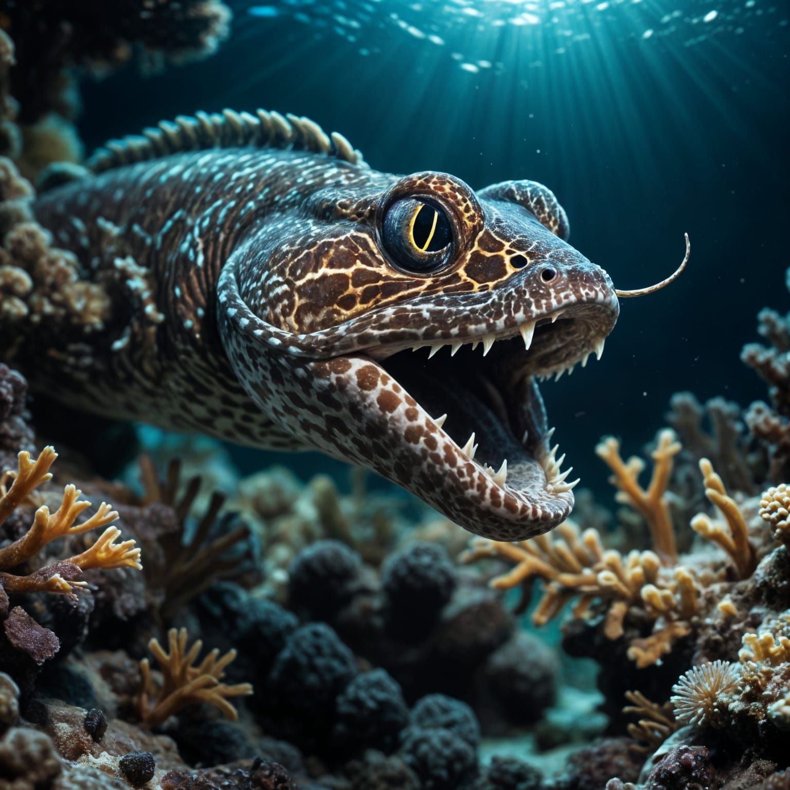 Menacing Eel in the Deep Sea, Hyperrealistic Style