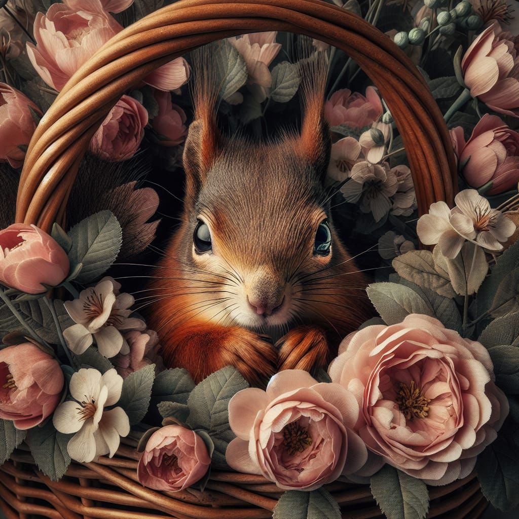 Hyperrealistic Squirrel in Flower Basket