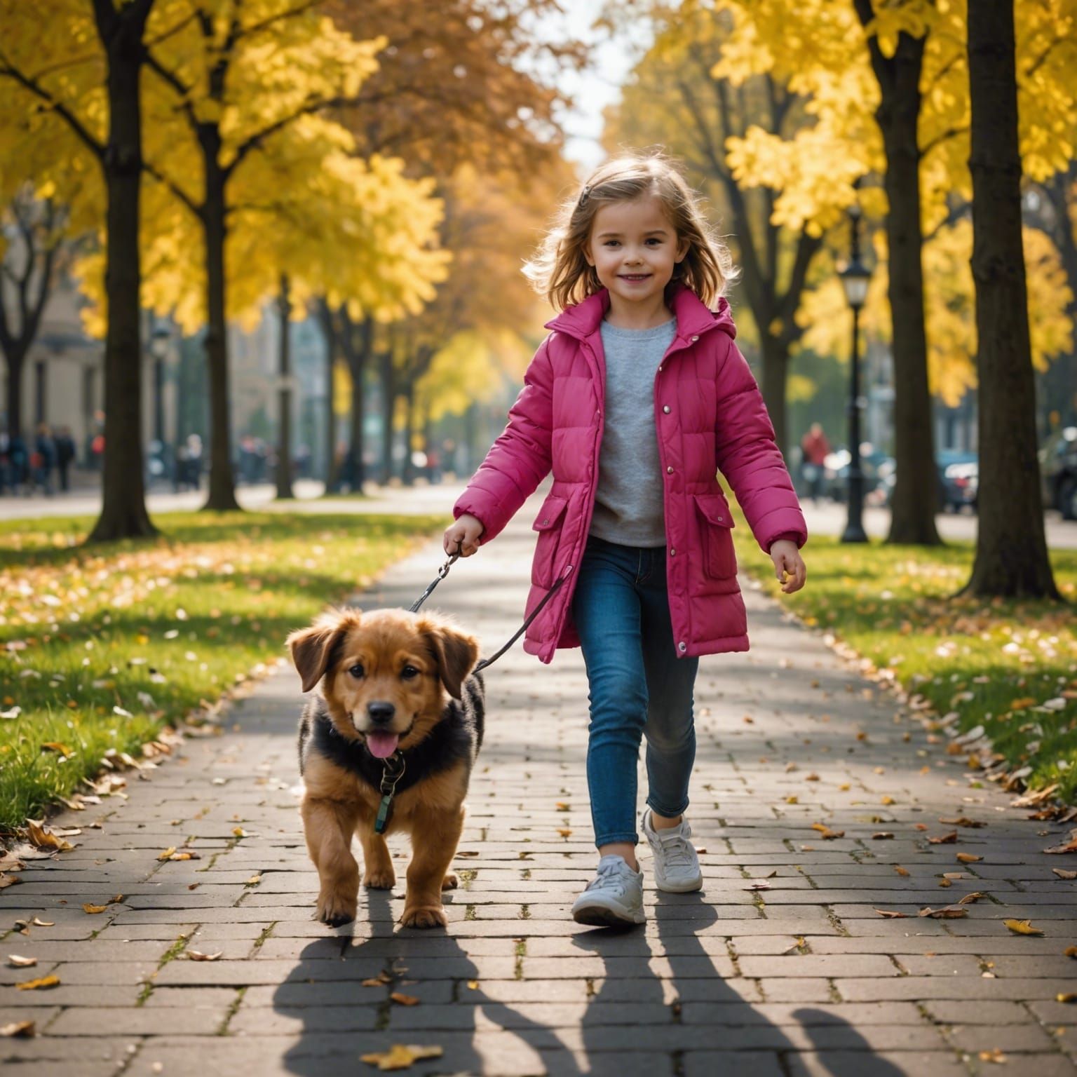 Little girl walking a dog
