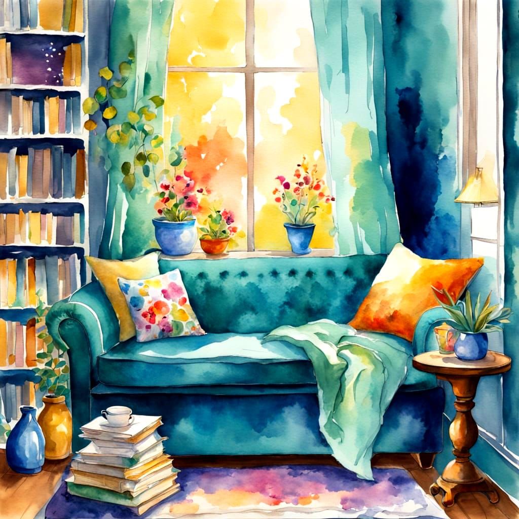 Cozy Reading Nook in Watercolor Impressionism