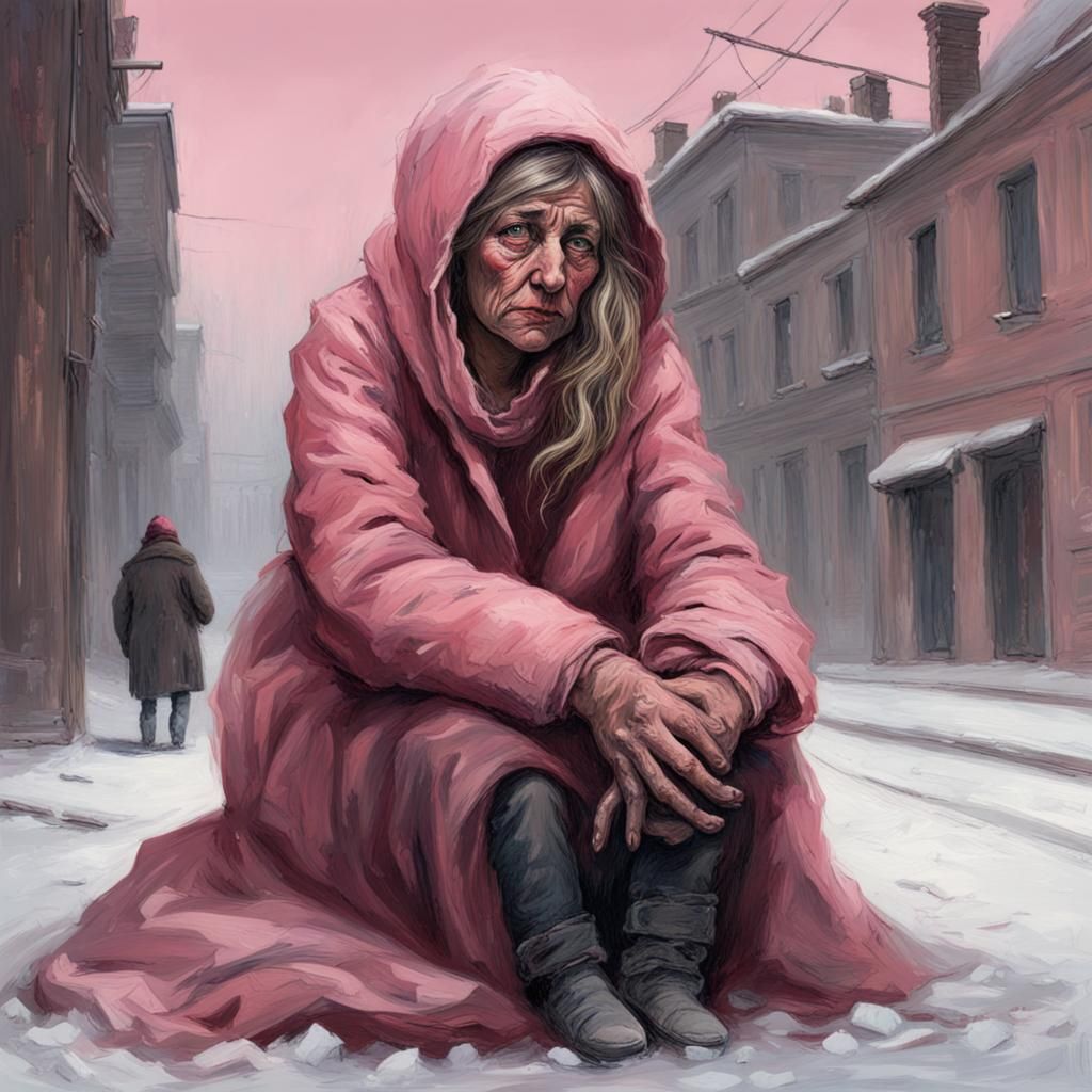 Pink-Haired Woman in Snow, Dark Engraving Style