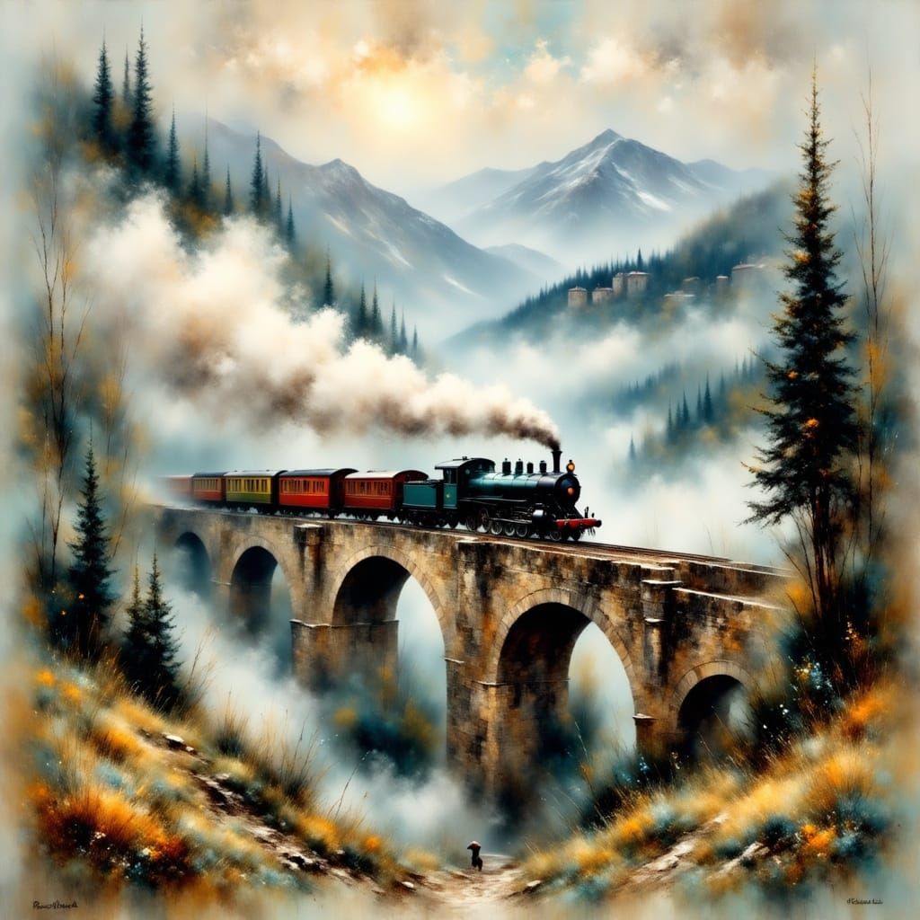 Monet-Inspired Train in Misty Landscape