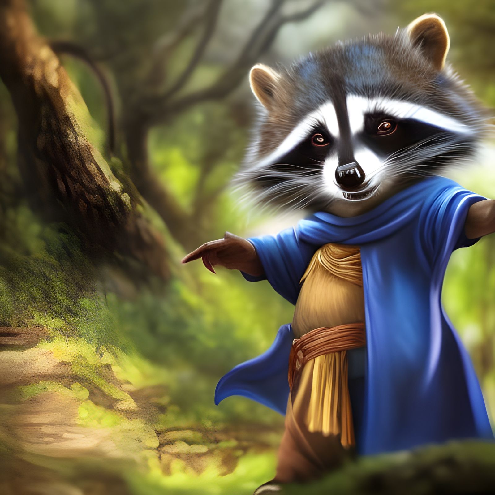 Anthropomorphic Raccoon Monk at Asian Temple in Forest