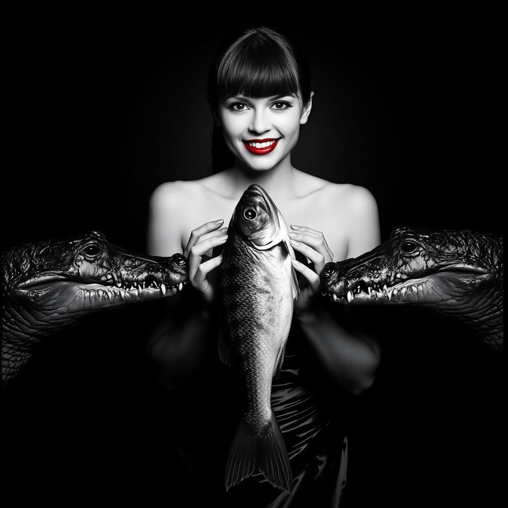 Striking Black and White Portrait with Fish Head