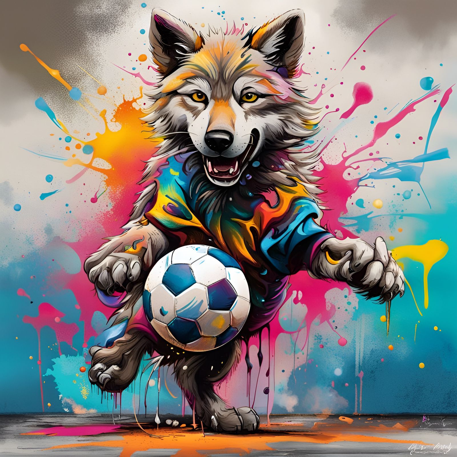 Wolf Cub Plays Soccer in Graffiti Art Style