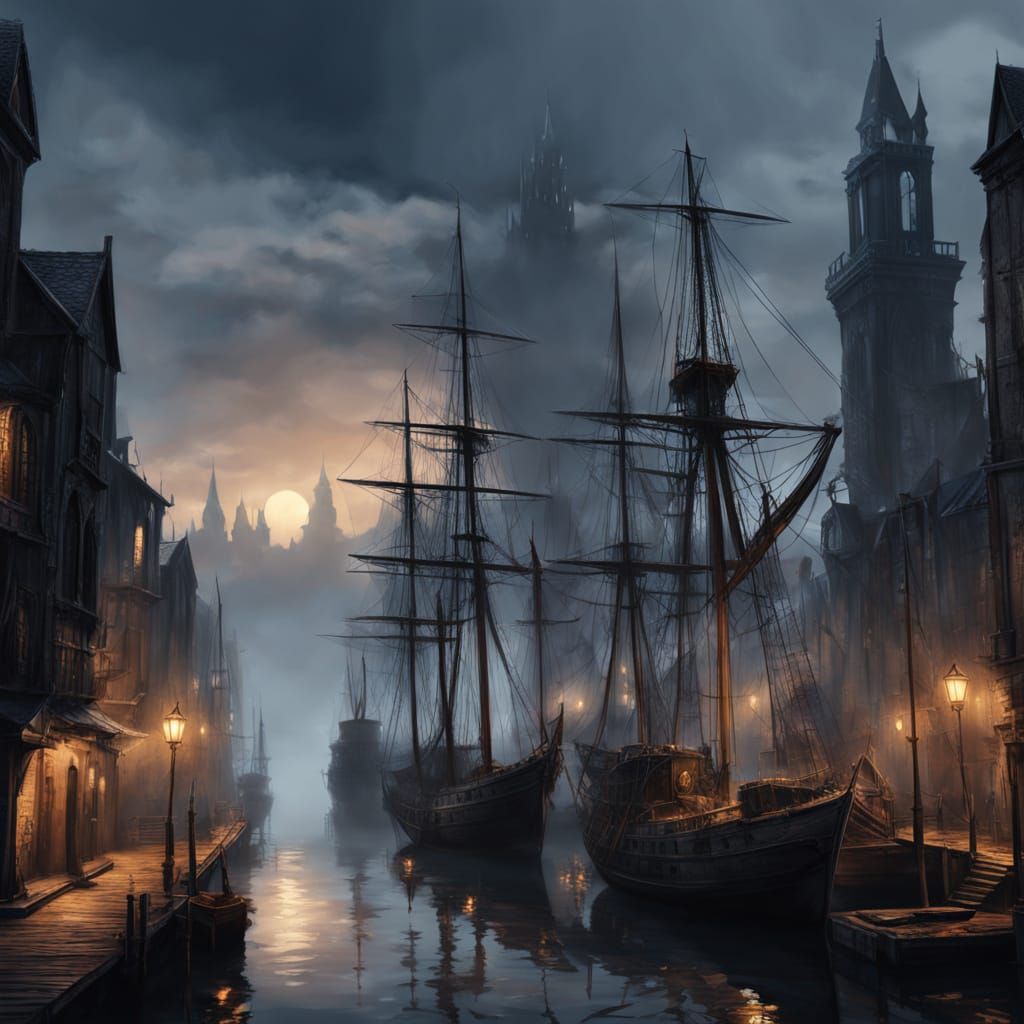 Gothic Port City in Fog at Twilight