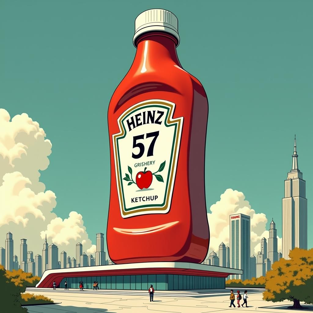 Heinz Ketchup Bottle Skyscraper in Retro-Futuristic Style