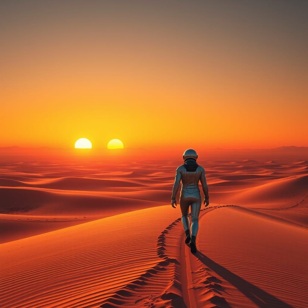 Alien Desert Sunset with Explorers, Hyperrealistic 8K