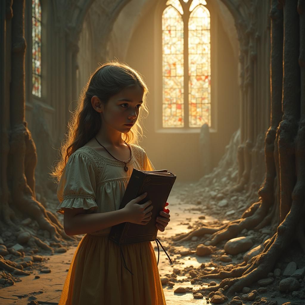 Girl with Bible Amid Crumbling Church