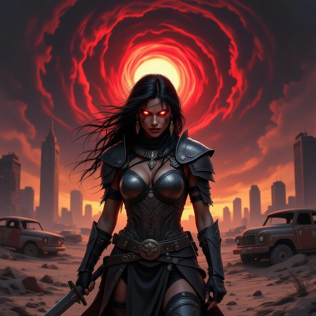 Fierce Warrior in Wasteland Landscape with Gothic Lighting