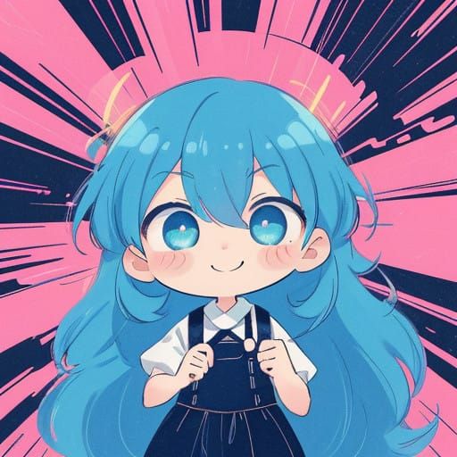 Chibi Girl in Vibrant Pink Hair, Soft Blue Background