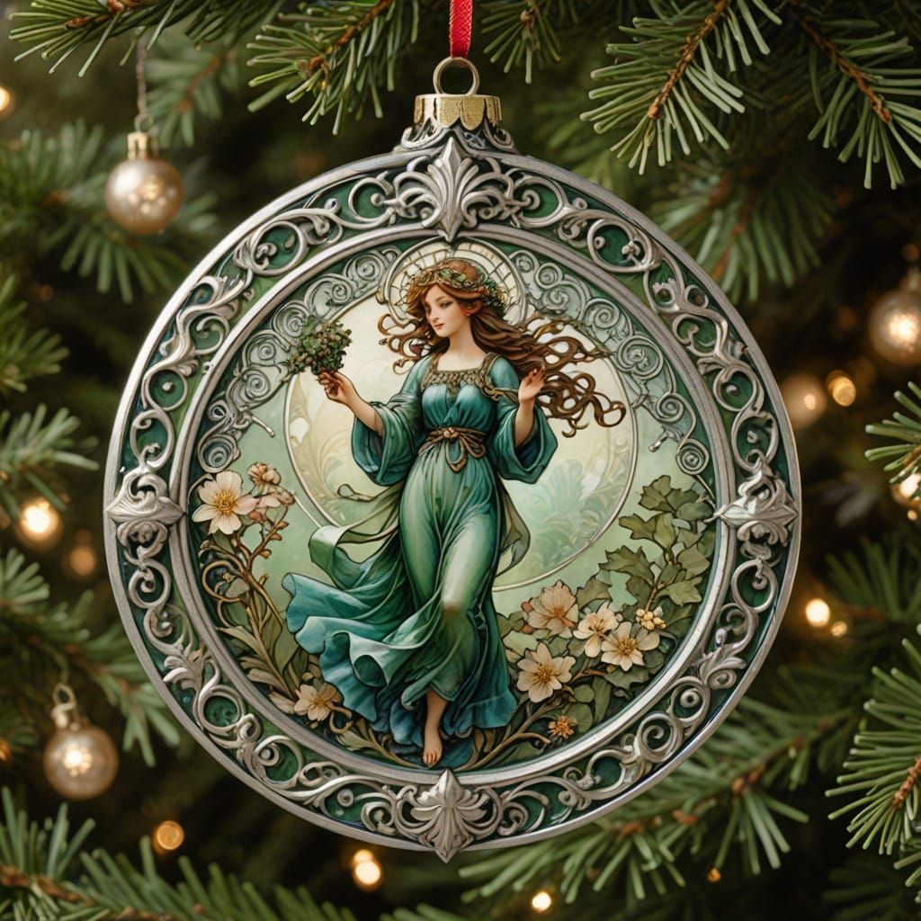 Ethereal Edwardian Glass Ornament on Evergreen Branch