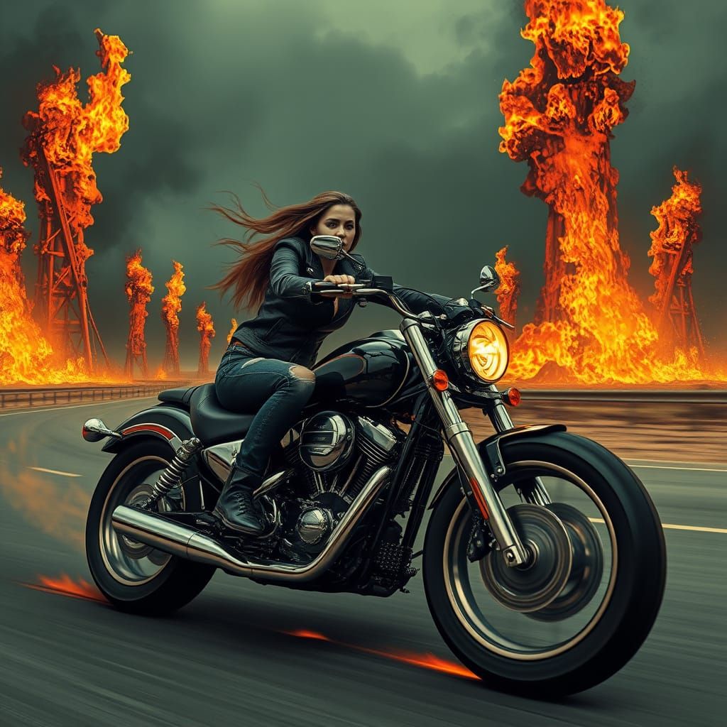 Surreal Woman Rides Motorbike Through Inferno on Burning Hig...