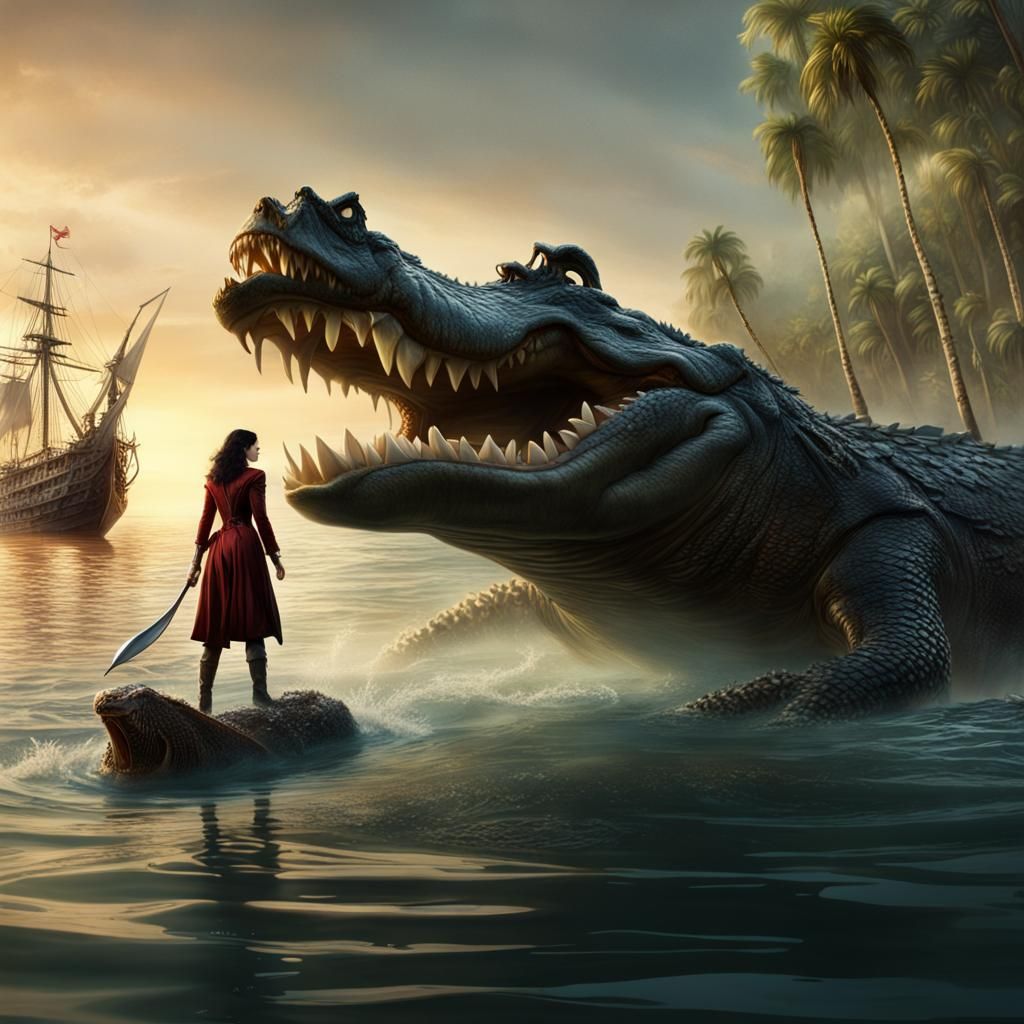 Female Captain Hook Escaping Crocodile, Detailed Matte Paint...