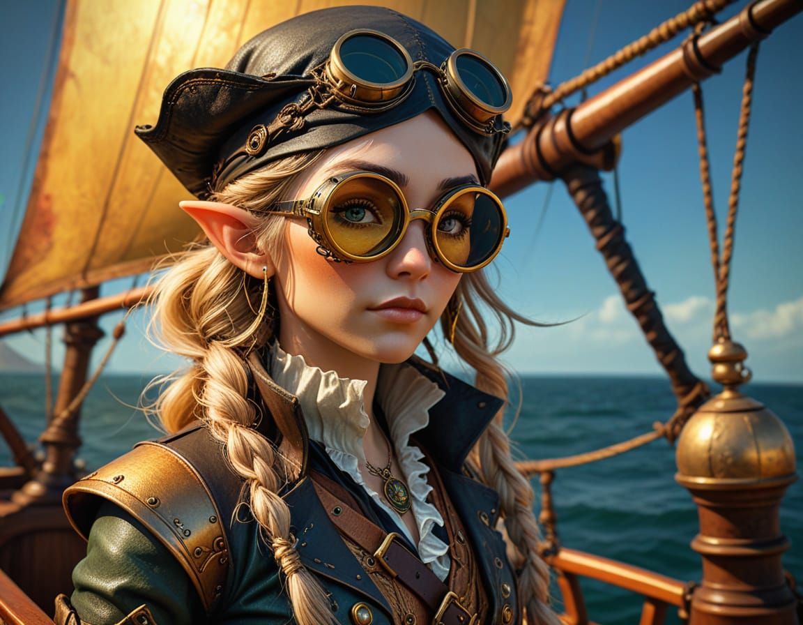 Steampunk Pirate Elf on a Sailing Scooner in Vibrant Dye-Tra...