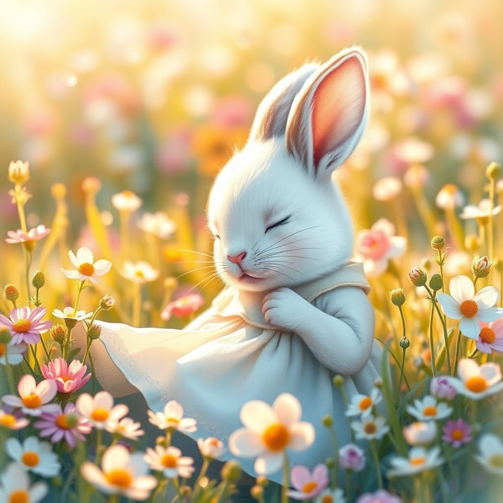 Sleeping Bunny in Wildflower Meadow, Watercolor Style