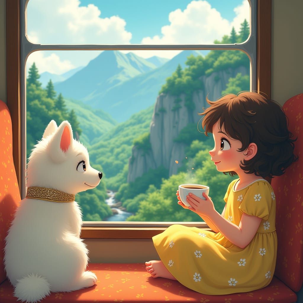 Whimsical Train Ride with Girl and Magic Puppy in Vibrant Mo...