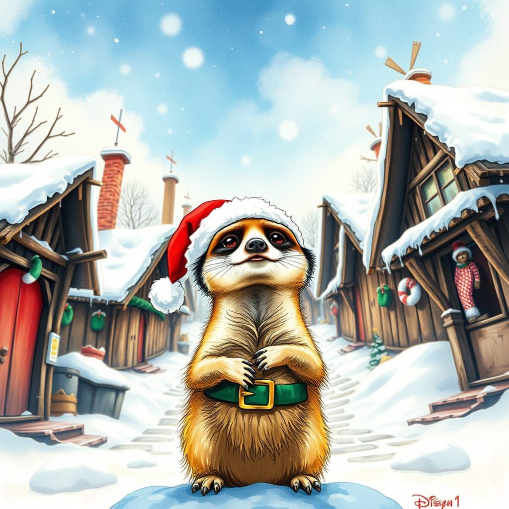 Surreal Winter Wonderland with Santa Meerkat in Vibrant Wate...