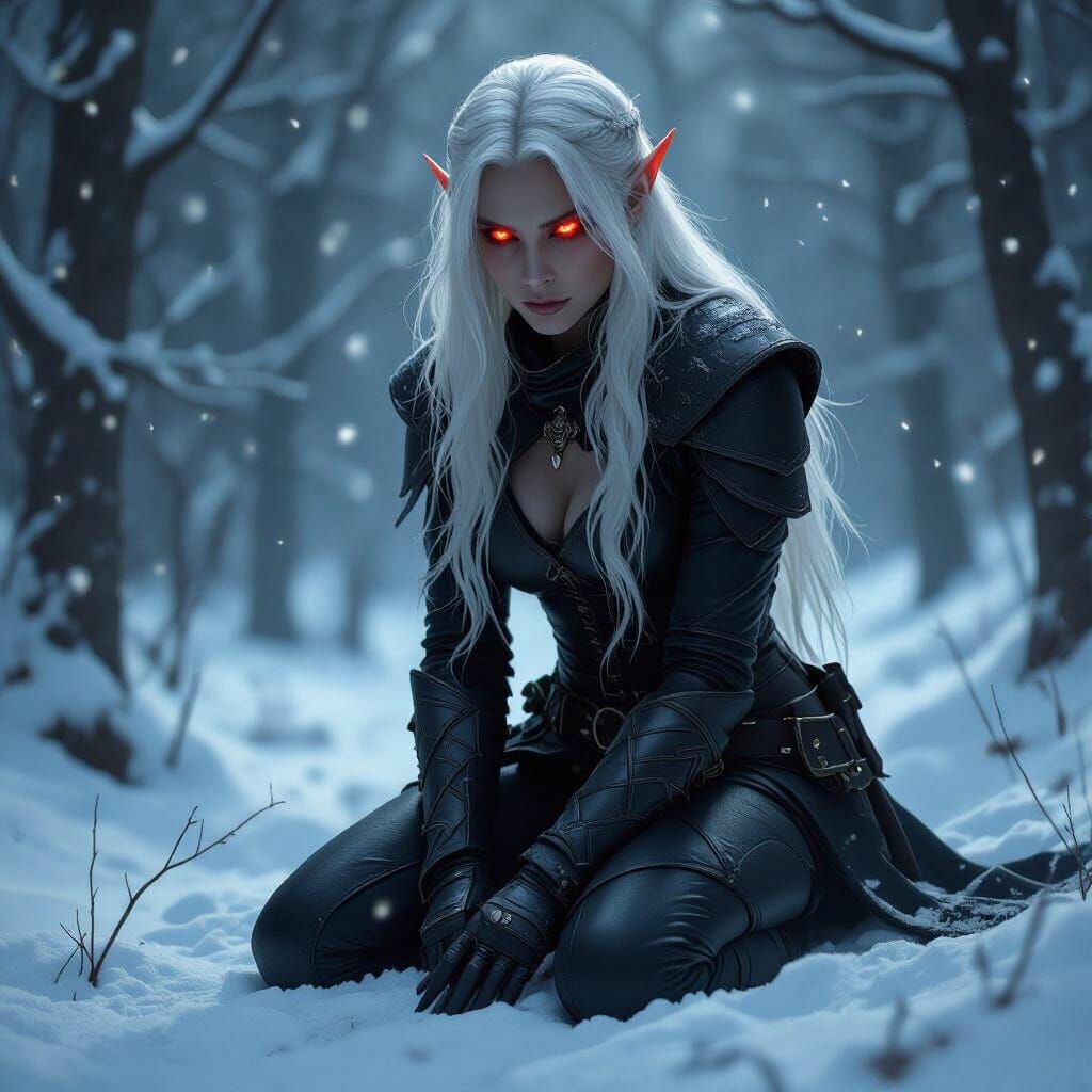 Drow Huntress in Snowy Forest, Romanticism Style
