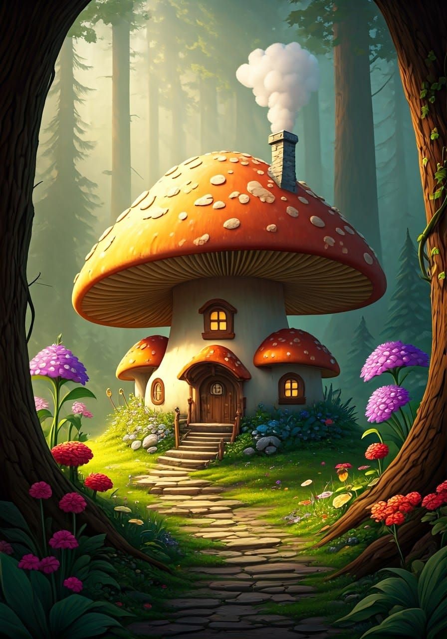Whimsical Mushroom Village in a Forest