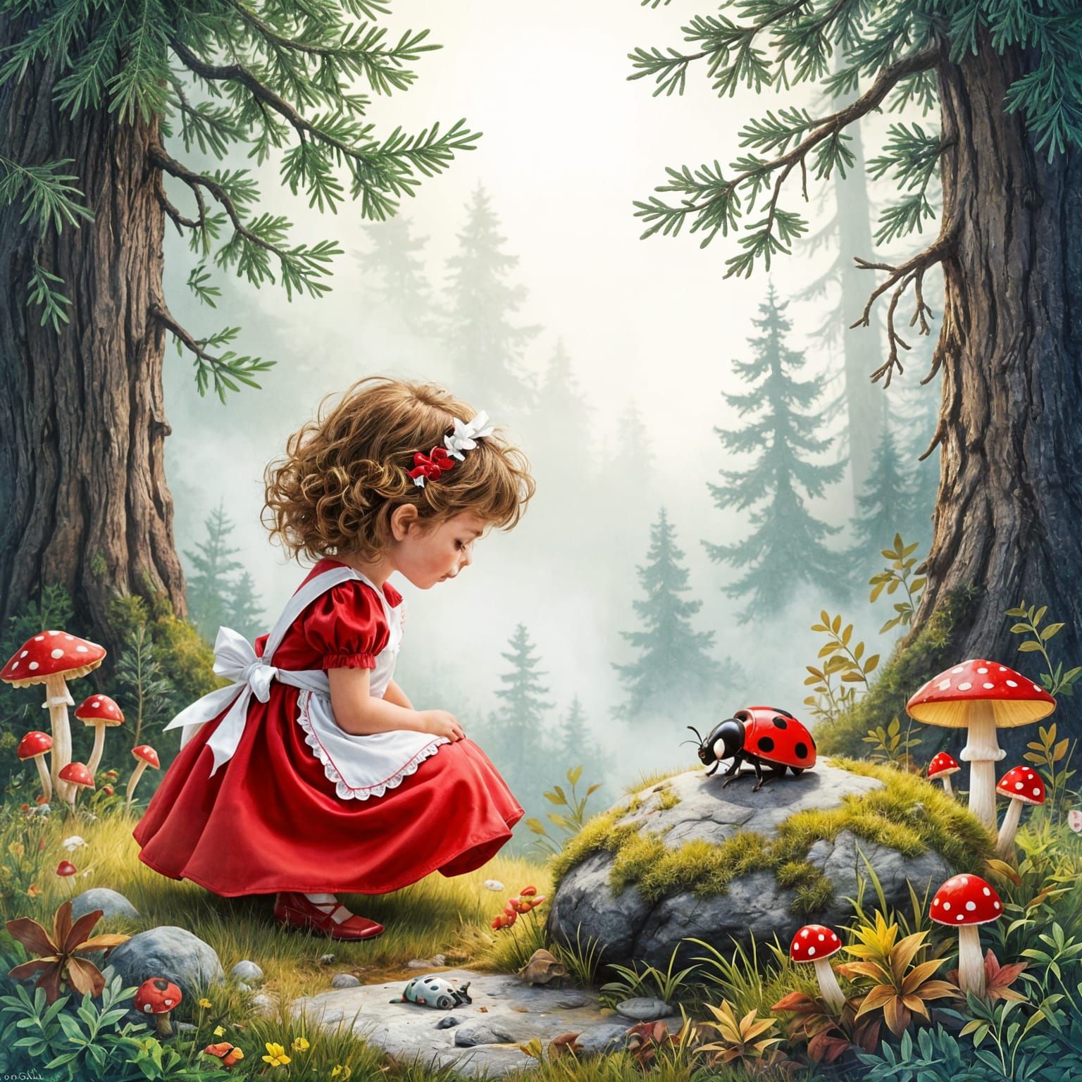 Girl and Ladybug in Foggy Forest Scene