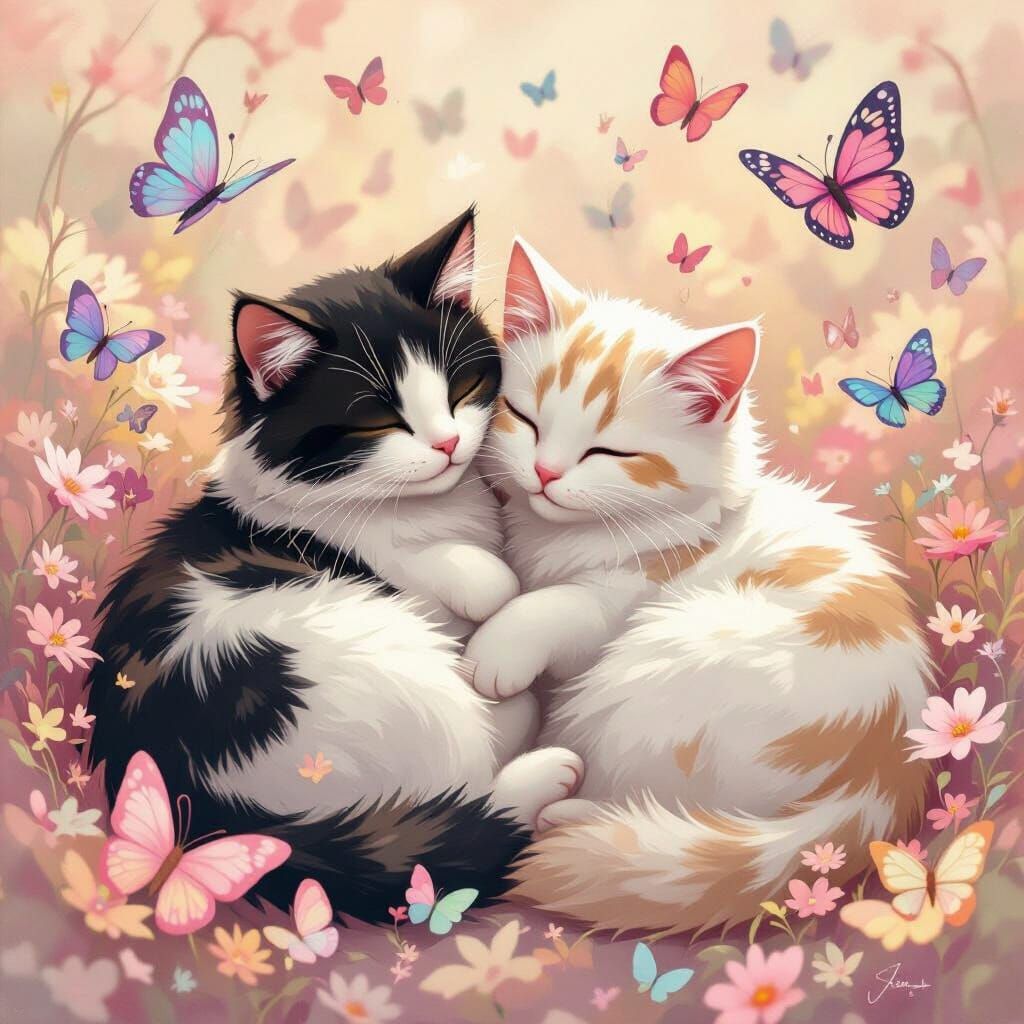Cats Cuddling with Butterflies in Surrealist Style