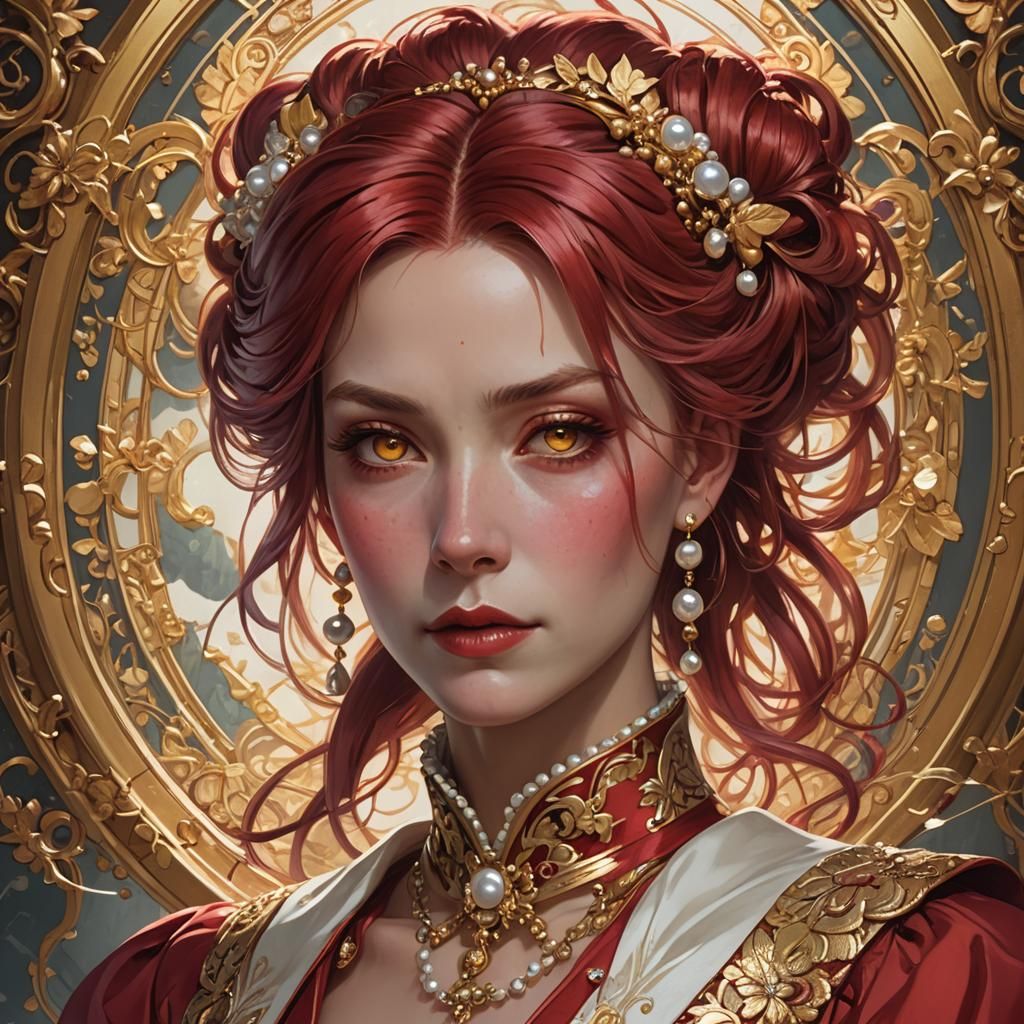 Anime Woman with Crimson Hair in Art Nouveau Style