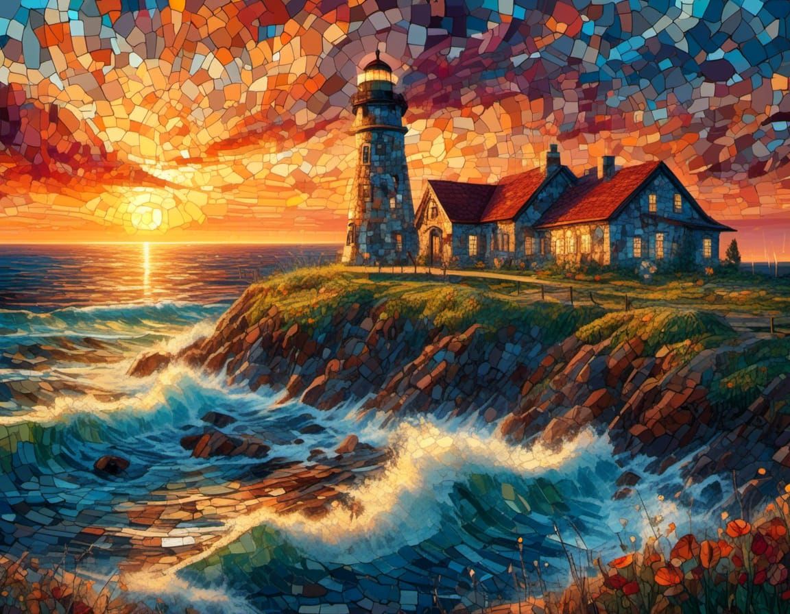 Lighthouse Sunset in Digital Mosaic Style