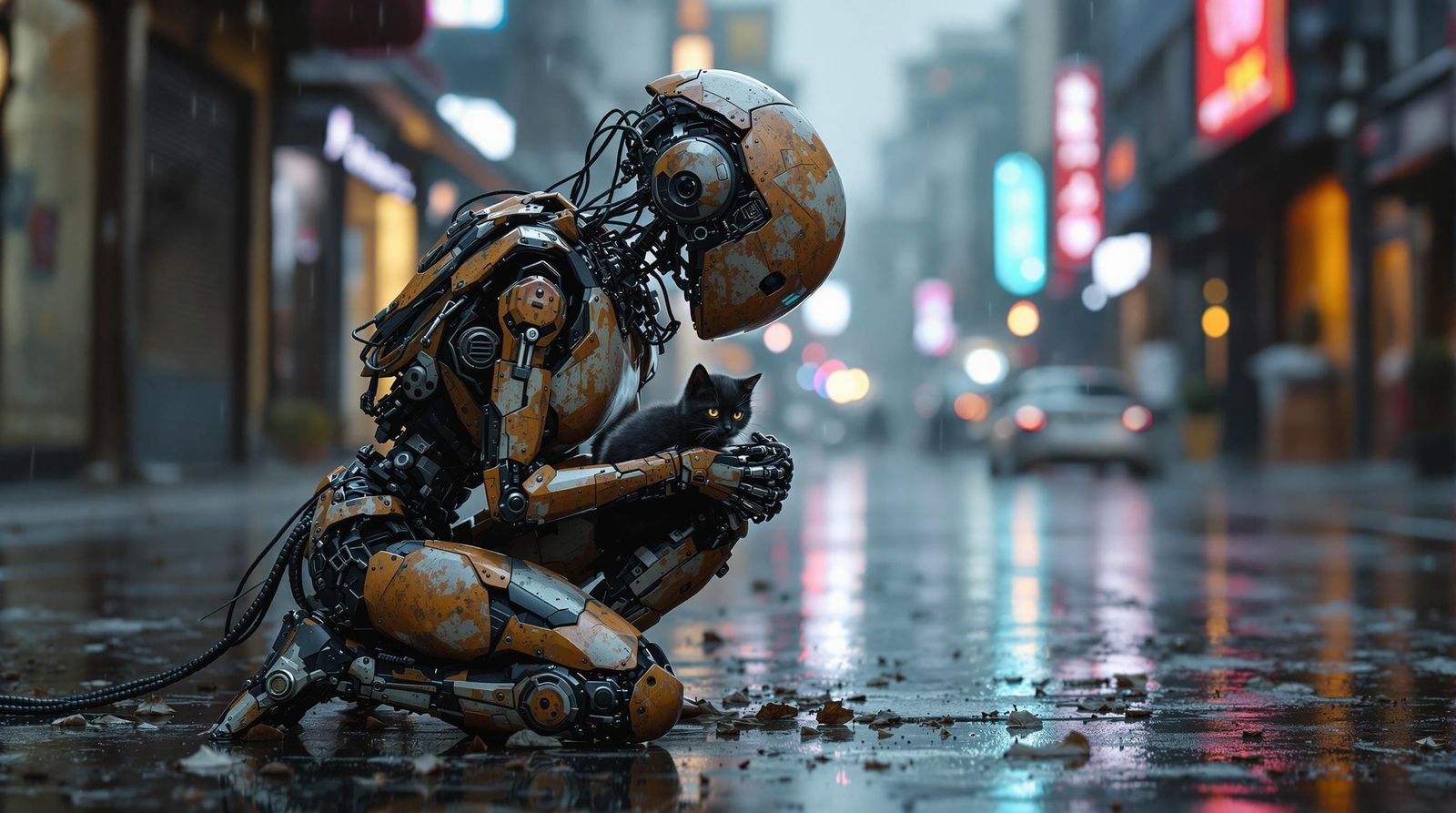 Cyborg Robot with Kitten in Dystopian City